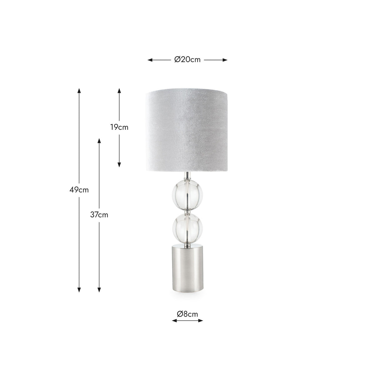 Harris Brushed Silver & Clear Glass Table Lamp with a grey velvet drum shade on a stacked glass ball stem and cylindrical base, shown with dimensions on a white background.