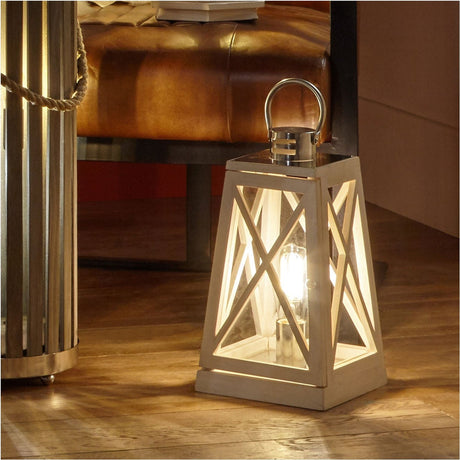 Devon White Wash & Chrome Lantern Table Lamp - 44cm