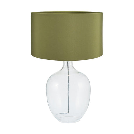 Islay table lamp with a clear bubble glass base and drum-shaped sage cotton mix shade, shown on a plain white background.