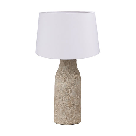 Palawan grey feather-patterned stoneware table lamp with tapered white fabric shade, shown on a plain white background.