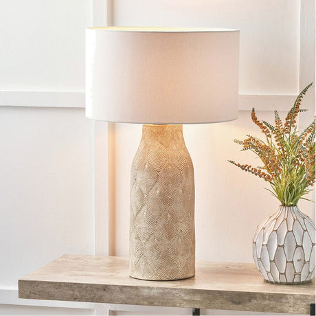 Palawan Grey Feather Stoneware Table Lamp with White Cylinder Shade