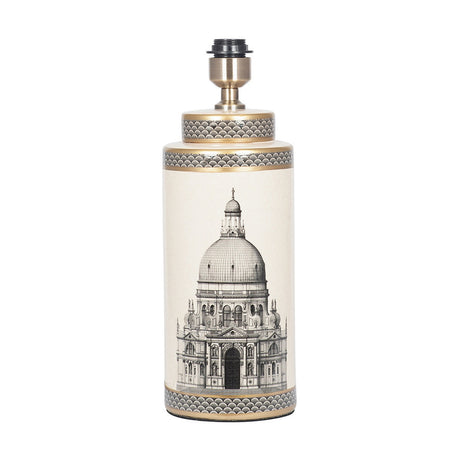 Wren tall ceramic table lamp base with cream body featuring a domed cathedral illustration, scalloped gold-trimmed bands, and brass fitting, shown on a plain white background.