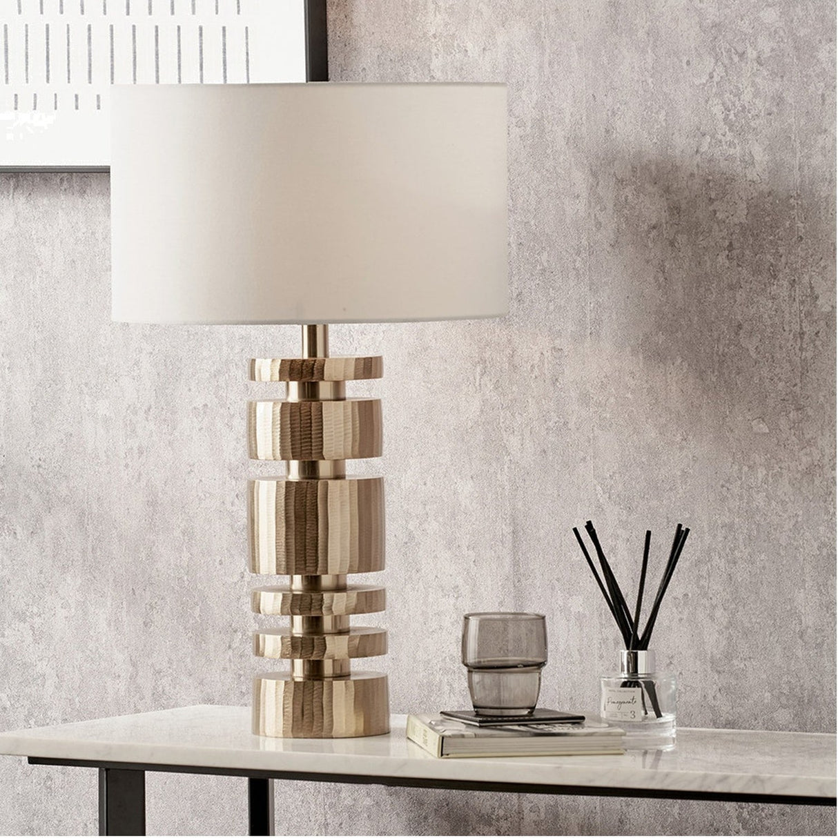 Elon Champagne Gold Metal Stacked Cylinder Table Lamp with Ivory Shade