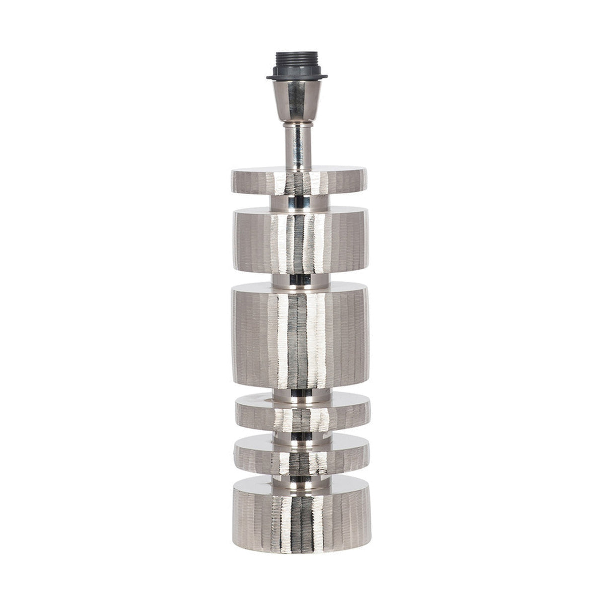 Elon Silver Metal Stacked Cylinder Table Lamp with Black Slubbed Shade