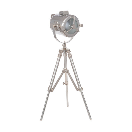 Marine Nickel Silver Searchlight Table Lamp, 67cm, with a round spotlight-style shade and dial on an adjustable tripod stand, set against a plain white background.