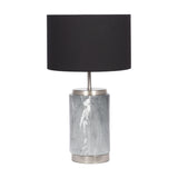 Carrara Grey Marble Effect Ceramic Table Lamp, 50cm, with a cylindrical grey marbled ceramic base, brushed metal fittings, and a black drum shade on a plain white background.