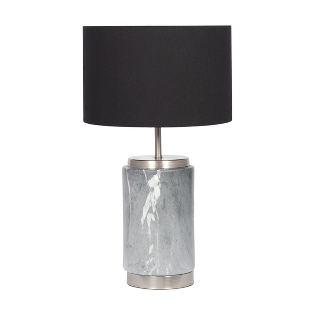 Carrara Grey Marble Effect Ceramic Table Lamp, 50cm, with a cylindrical grey marbled ceramic base, brushed metal fittings, and a black drum shade on a plain white background.