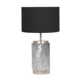 Carrara Grey Marble Effect Ceramic Table Lamp, 50cm, with a cylindrical grey marbled ceramic base, brushed metal trims, and a black drum shade on a white background.