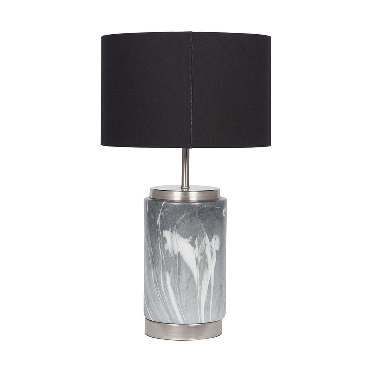 Carrara Grey Marble Effect Ceramic Table Lamp, 50cm, with a cylindrical grey marbled base, brushed metal trims, and a black drum shade on a plain white background.