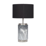 Carrara Grey Marble Effect Ceramic Table Lamp, 50cm, with a cylindrical grey marbled base, brushed metal trims, and a black drum shade on a plain white background.