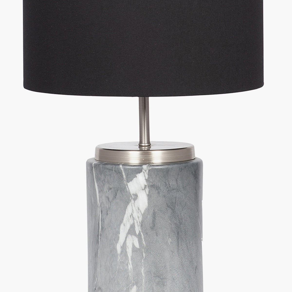 Carrara Grey Marble Effect Ceramic Table Lamp with a brushed nickel neck and fitting, paired with a black cylindrical fabric shade, shown on a plain white background.