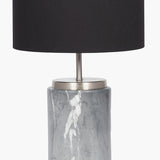 Carrara Grey Marble Effect Ceramic Table Lamp with a brushed nickel neck and fitting, paired with a black cylindrical fabric shade, shown on a plain white background.