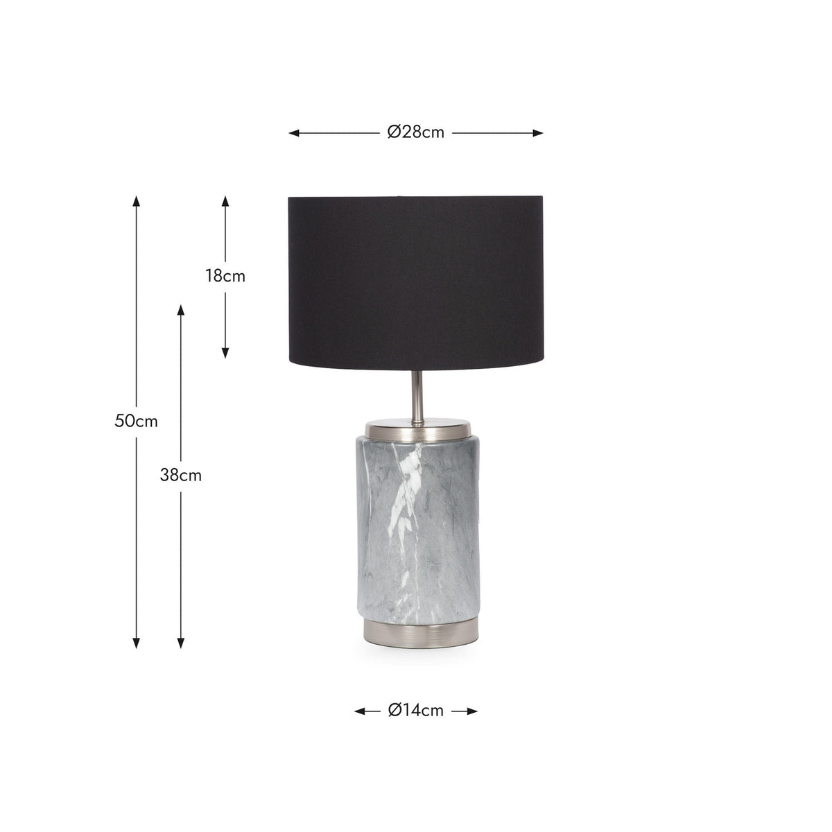 Carrara Grey Marble Effect Ceramic Table Lamp with cylindrical base, brushed metal trims and black drum shade, shown with dimension guide: 50cm height, Ø28cm shade, Ø14cm base.