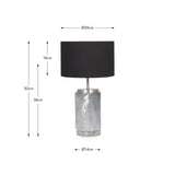 Carrara Grey Marble Effect Ceramic Table Lamp with cylindrical base, brushed metal trims and black drum shade, shown with dimension guide: 50cm height, Ø28cm shade, Ø14cm base.