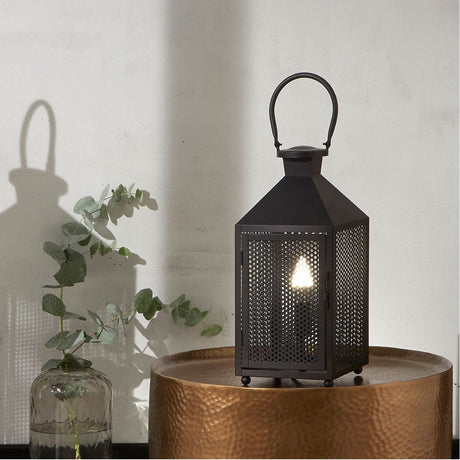 Folkstone Matt Black Iron Punched Lantern Table Lamp - 43cm