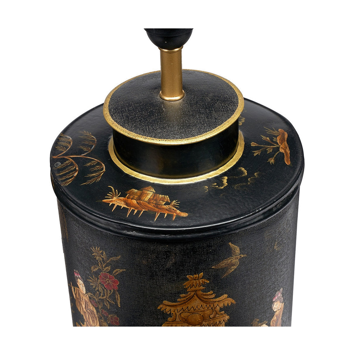 Landscape Black Hand Painted Metal Table Lamp with Ivory Cotton Shade