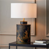 Landscape Black Hand Painted Metal Table Lamp with Ivory Cotton Shade