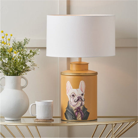 Boston Terrier Mustard Hand Painted Metal Table Lamp with White Shade