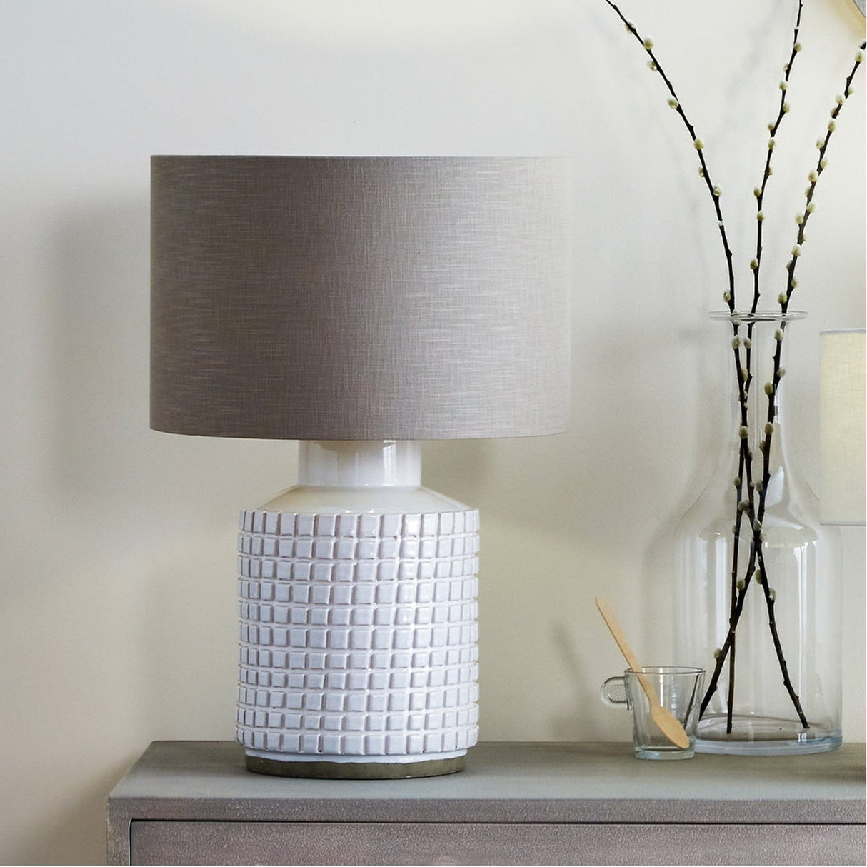 Malone Textured White Squares Design Stoneware Table Lamp Base - 35cm