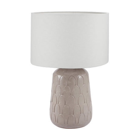 Coco Grey Gloss Arch Design Stoneware Table Lamp with a textured ceramic base and white drum shade, shown on a plain white background.