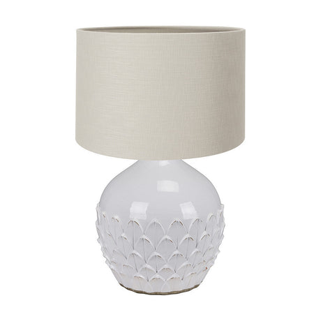 Willow White Leaf Detail Stoneware Table Lamp with a textured white ceramic base and grey drum shade, shown on a plain white background.