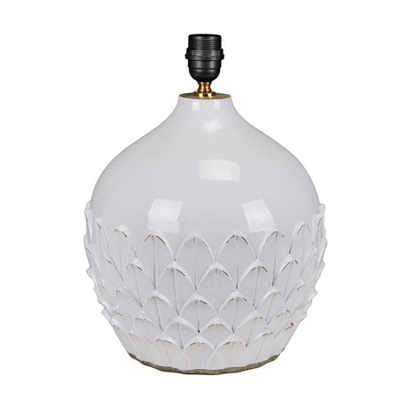 Willow White ceramic table lamp base with textured leaf detail lower body, black E27 lamp holder and brass fitting, shown on a plain white background.