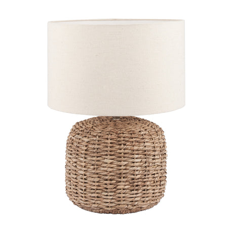 Acer Natural Woven Small Table Lamp, 45cm, with a round hand-woven jute base and a cream drum fabric shade, on a plain white background.