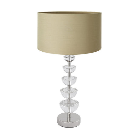 Rosa Glass & Silver Table Lamp with a stacked clear glass and chrome base, topped by a taupe cotton mix drum shade, shown on a plain white background.