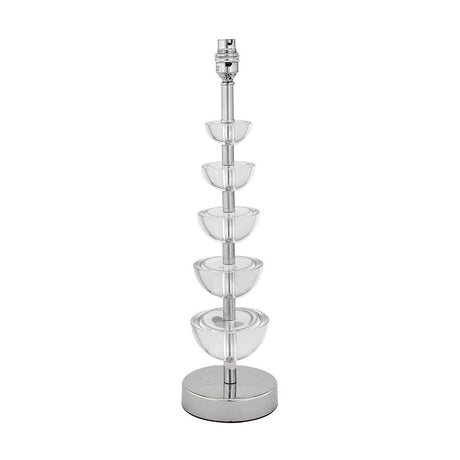 Rosa table lamp base with stacked clear glass discs on a silver metal stem and round silver foot, shown without shade on a plain white background.