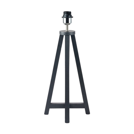 Whitby table lamp base in matt black wood with tapered 4-post frame and chrome bulb holder fitting, shown without shade on a plain white background.
