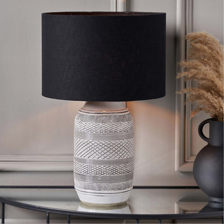 Kira White & Black Textured Stoneware Table Lamp with Self Lined Shade