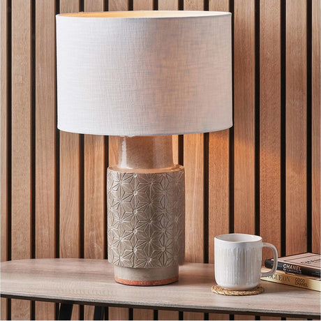 Sidra Grey Stoneware Etch Detail Table Lamp with White Self Shade
