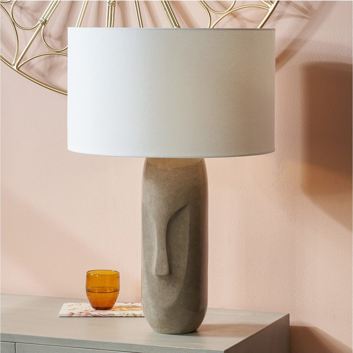 Visage Grey Face Design Tall Stoneware Table Lamp with White Shade