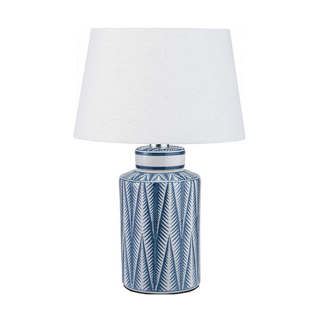 Samara table lamp with a blue and white ceramic base in a chevron leaf pattern, paired with a white tapered fabric shade, shown on a plain white background.