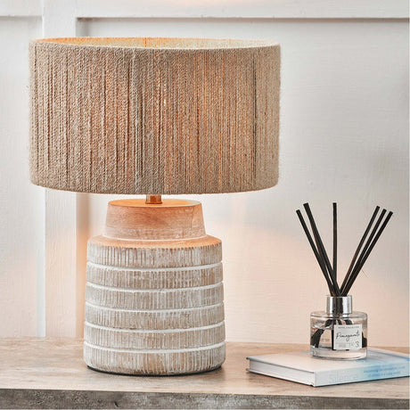Paihia White Wash Wood Textured Short Table Lamp with Rope Shade
