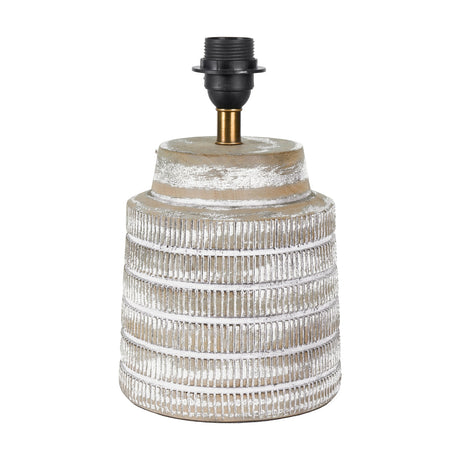 Paihia table lamp base, 29cm, with a ridged white wash wood textured body and black E27 fitting, shown on a plain white background.