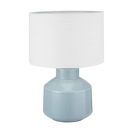 Nora table lamp with a duck egg blue crackle-glaze ceramic base and a white linen drum shade, shown against a plain white background.