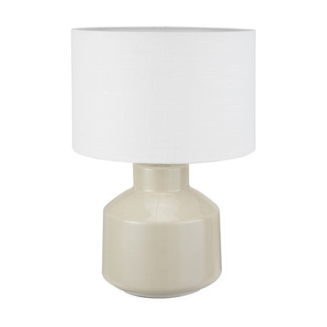 Nora Cream Crackle Effect Table Lamp, 44cm, with a glossy crackle-glazed ceramic base and white drum linen shade, shown on a plain white background.