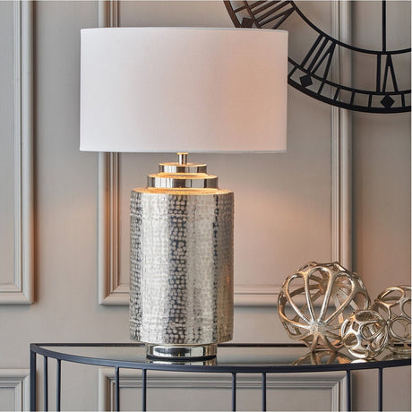 Zuri Large Shiny Silver Metal Pot Table Lamp with White Handloom Shade