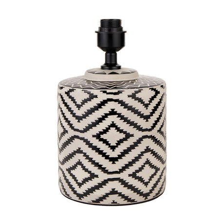 Chirala ceramic table lamp base with black and white ikat pattern and black fitting, shown without shade on a plain white background.