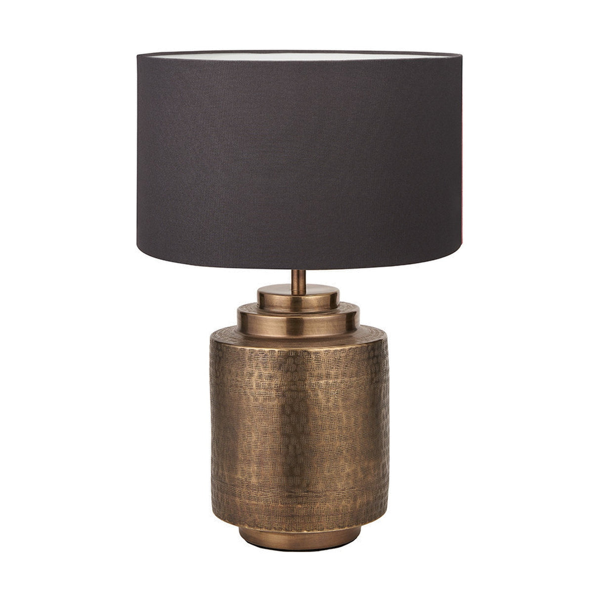 Zuri Antique Brass Pot Table Lamp with Grey Handloom Cylinder Shade