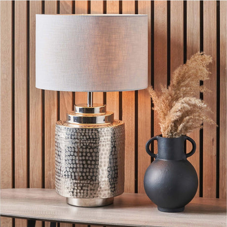 Zuri Silver Metal Table Lamp with White Linen Cylinder 35cm Shade