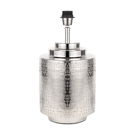 Zuri Shiny Silver Aluminium Pot Table Lamp Base, 44cm, with hammered cylindrical body, tiered neck, and black E27 lampholder, shown on a plain white background.