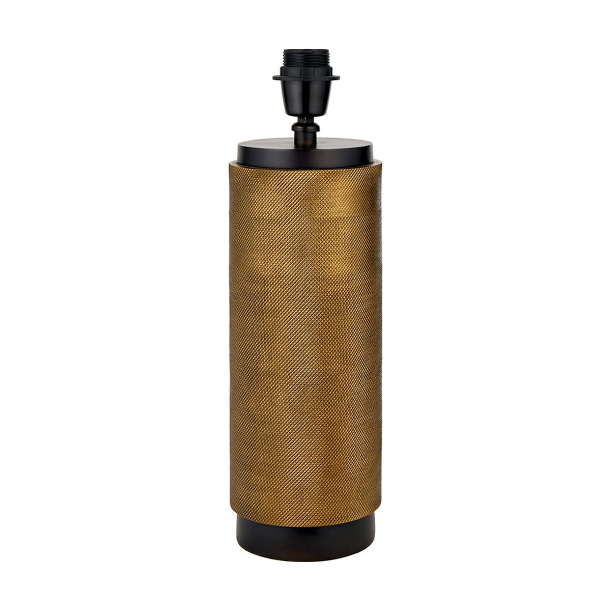 Aurelio Black Textured Table Lamp Base, 43cm cylindrical brass-toned textured body with black cap and base, black bulb fitting, on a plain white background.