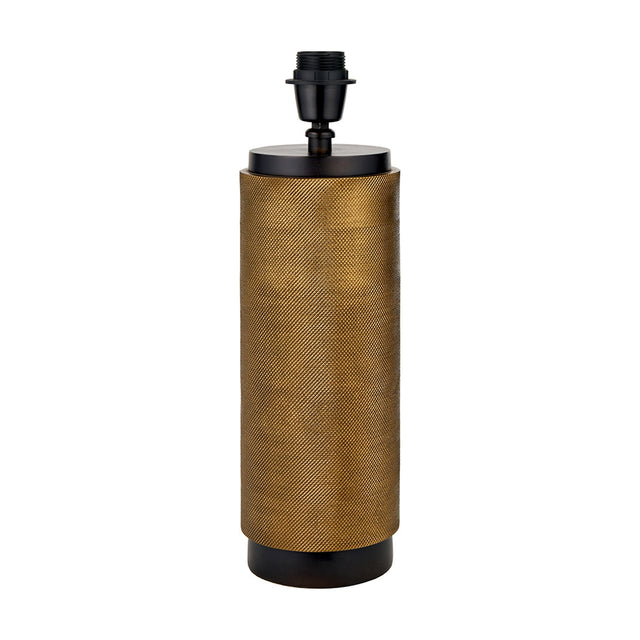 Aurelio Black Textured Table Lamp Base, 43cm cylindrical brass-toned textured body with black cap and base, black bulb fitting, on a plain white background.