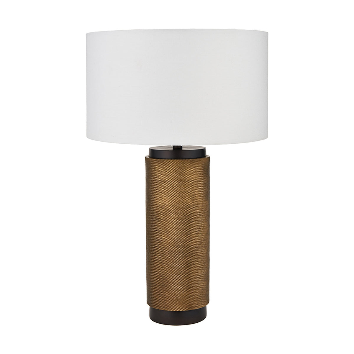 Aurelio table lamp with a textured brass cylindrical base and black trim, paired with a white drum shade, shown on a plain white background.