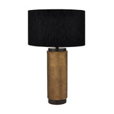 Aurelio table lamp base with a textured brass cylindrical column and black trim, paired with a black drum shade, shown on a plain white background.