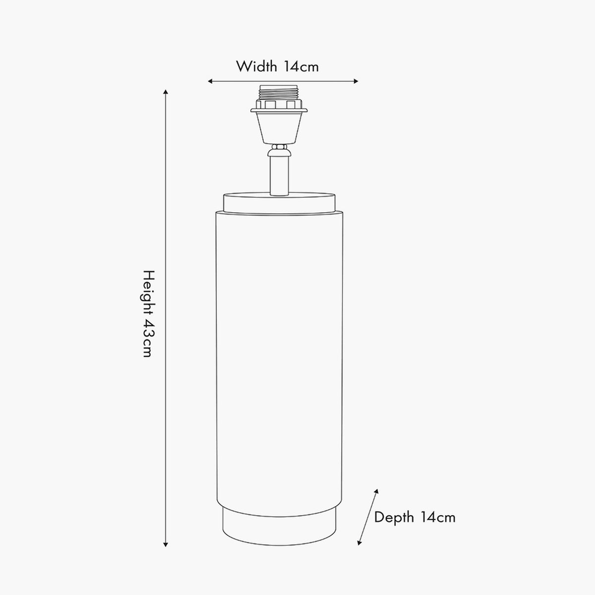 Line drawing of the Aurelio Black Textured Table Lamp Base showing a cylindrical column with brass fitting, labelled 43cm height, 14cm width and 14cm depth.