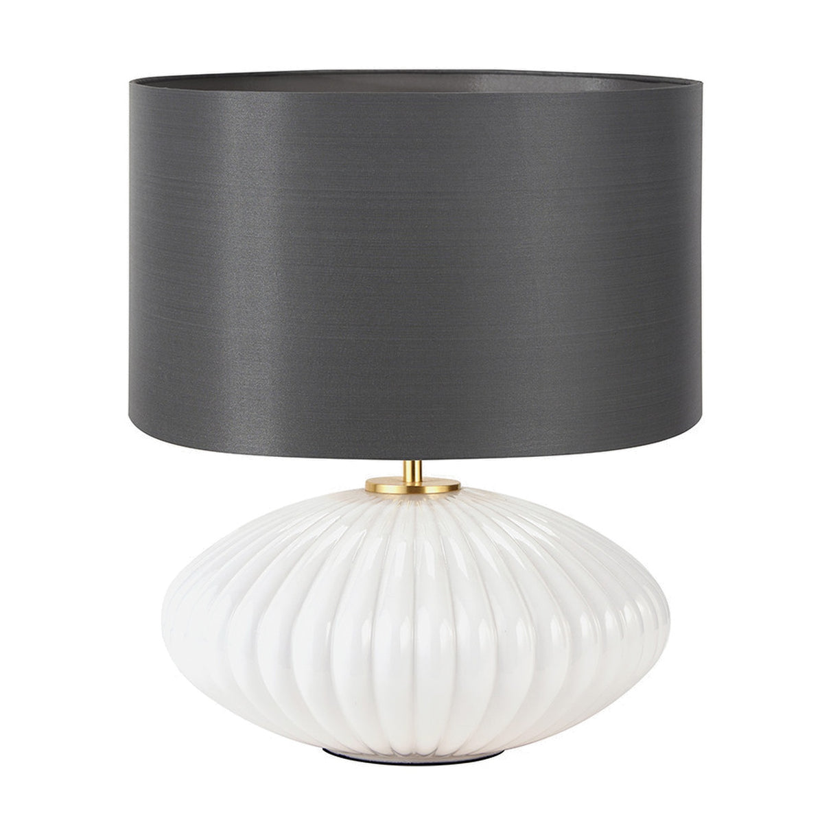 Emilia White Ribbed Glass & Gold Metal Oval Table Lamp with Steel Grey Shade