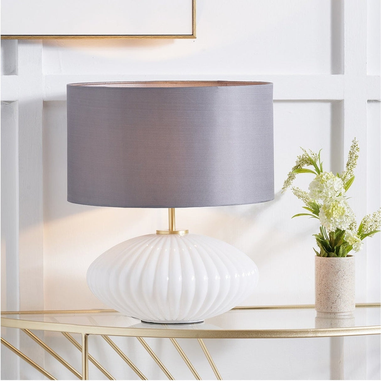 Emilia White Ribbed Glass & Gold Metal Oval Table Lamp with Steel Grey Shade